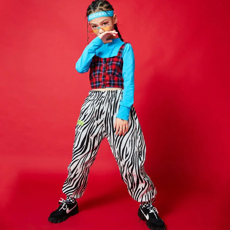 

Girls Hip Hop Crop Top Sweatshirt Jogger Kids Streetwear Plaid Camisole Stripe Pants Outfit Child Jazz Dance Costume Clothes Set