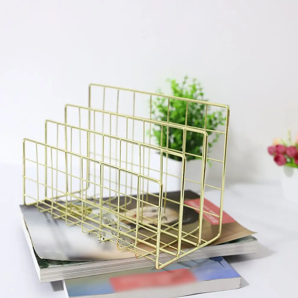 

Wrought Iron Metal Three Grid Bookshelf Creative Book Stand Desktop Decoration File And Book Organizer