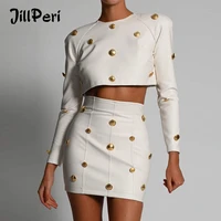 jillperi vegan leather long sleeve crop top and skirt with gold button winter elegant outfits fall women two piece skirt set