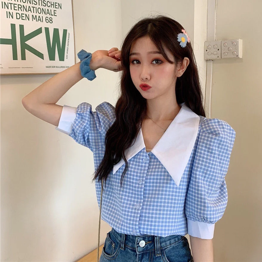 

Shirt Women 3-colors Plaid Students Puff Sleeve Single Breasted Straight Sweet Female Tops Turn-down Collar Preppy Style Retro