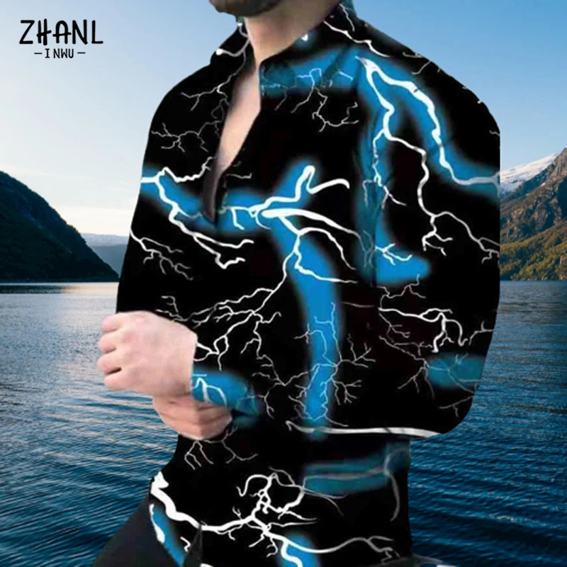 Рубашка мужская с принтом повседневная приталенная на пуговицах отложным