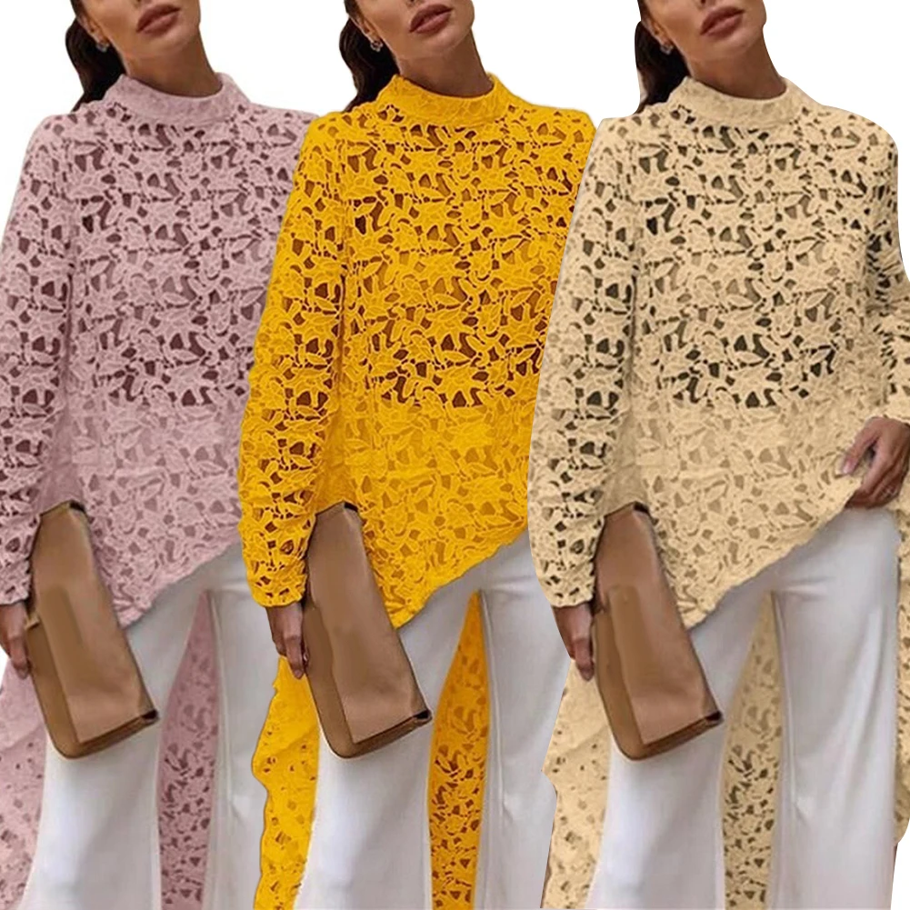 Женская ажурная блузка однотонная кружевная с круглым вырезом и высоким низким