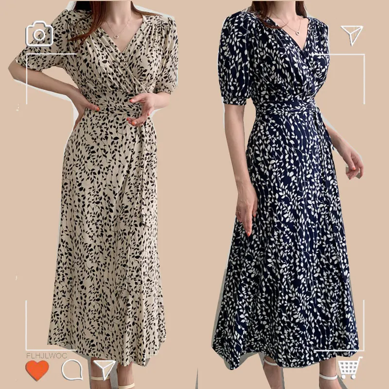 

Цельное длинное платье, летнее, праздничное, приталенное, ТРАПЕЦИЕВИДНОЕ, с принтом листьев, макси, винтажное платье Flhjlwoc, корейский стиль, ...