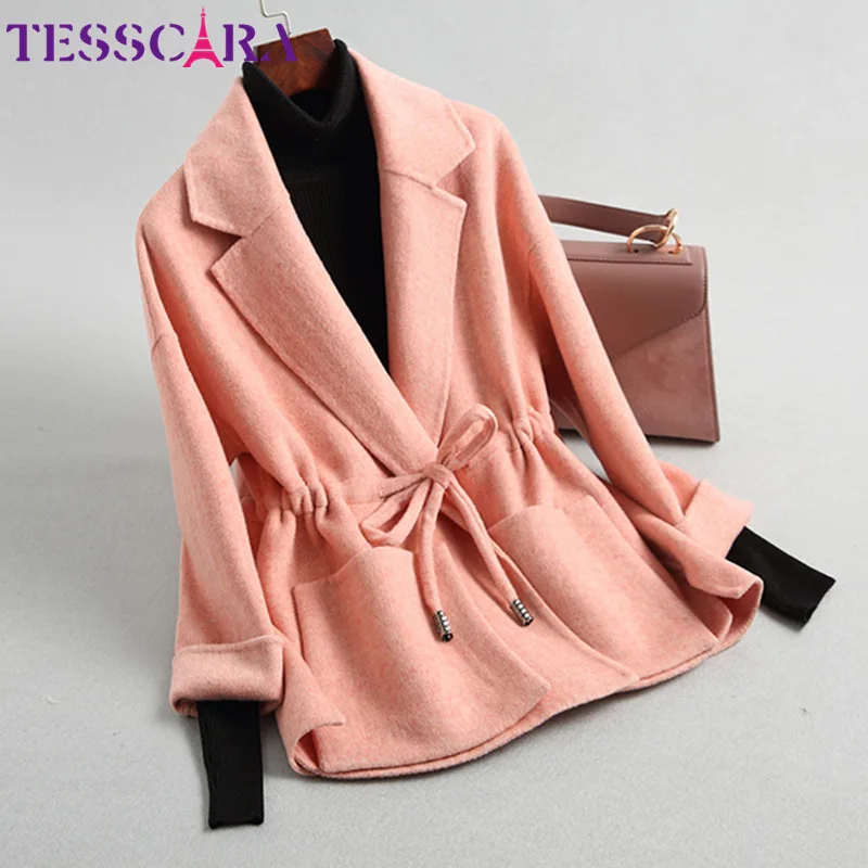 Pink TESSCARA Женский Осенний элегантный шерстяной смесь простая куртка-пальто женские высококачественные кашемировые офисные женские куртки верхняя одежда и пальто - Цвет: Pink