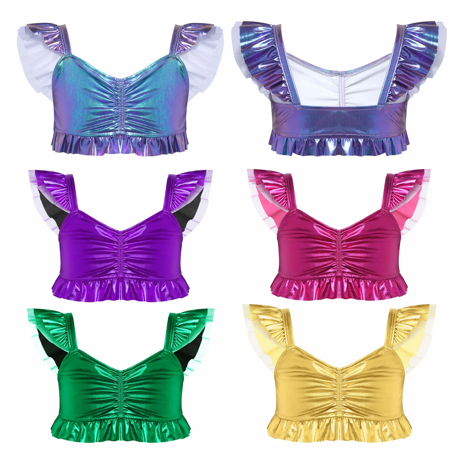 Маленькие дети девочки расклешенный рукав металлик Русалка кроп-топы с