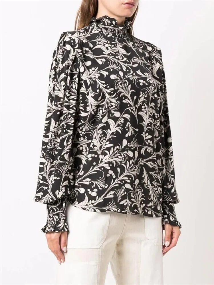 

Рубашка женская с воротником-стойкой, блузка свободного покроя с рукавами-фонариками, в винтажном стиле, осень 2021