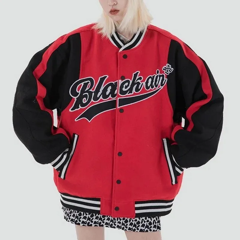 

Women's Retro Contrast Embroidery Baseball Uniform Jacket Sleeve Breasted Appliques Jacket Embroidery Patches Casual Coat Tops