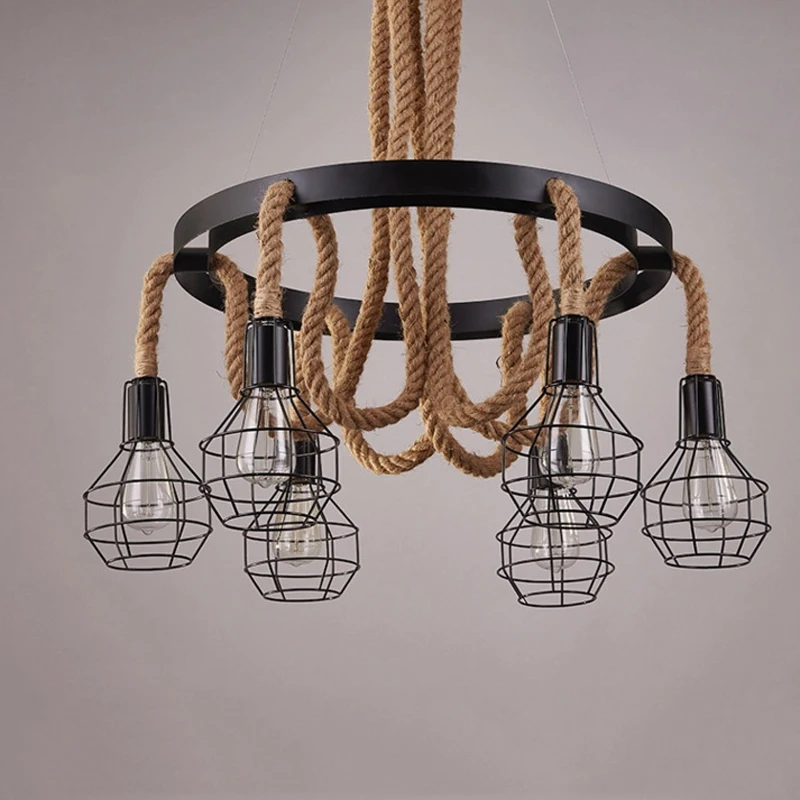 Лофт винтажные Ретро лампы клетка пеньковая веревка огни Бар Паб Клуб кафе