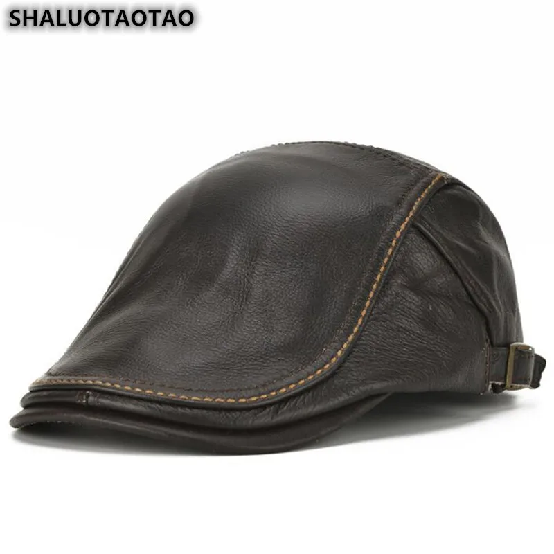 

Trend Men's Leather Hat Genuine Leather Hat Autumn Winter Cap Fashion Cowhide Thermal Berets Brands Snapback Peaked Caps