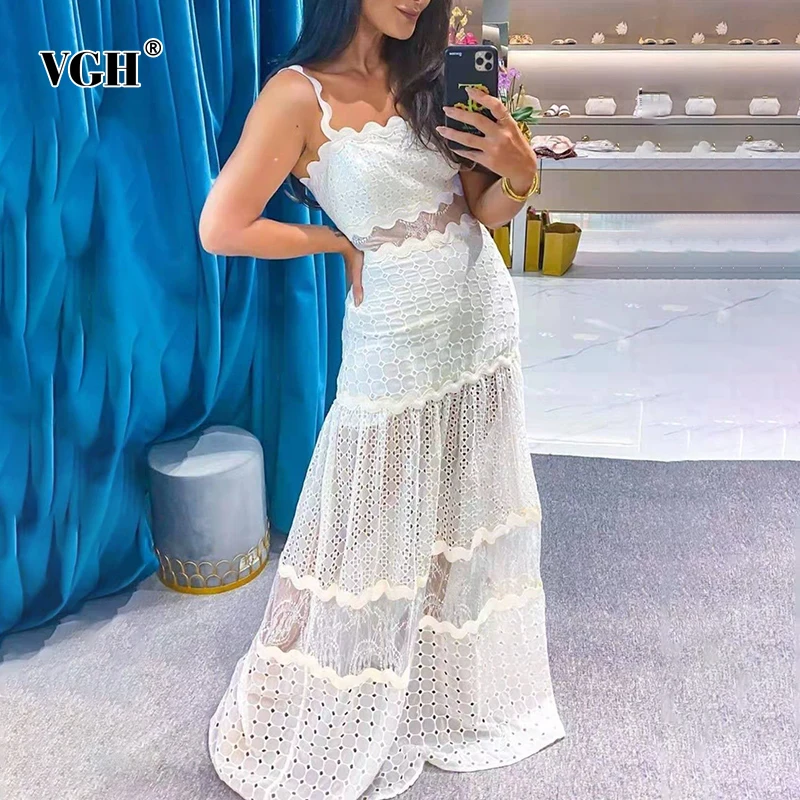 

Женское ажурное платье на бретелях VGH, белое кружевное платье миди без рукавов с квадратным вырезом и высокой талией в стиле пэчворк на лето
