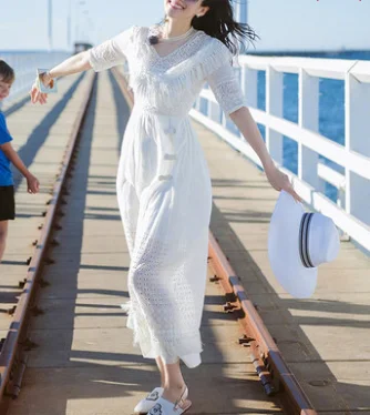

White lace dress wife's romantic travel Fairy Dress