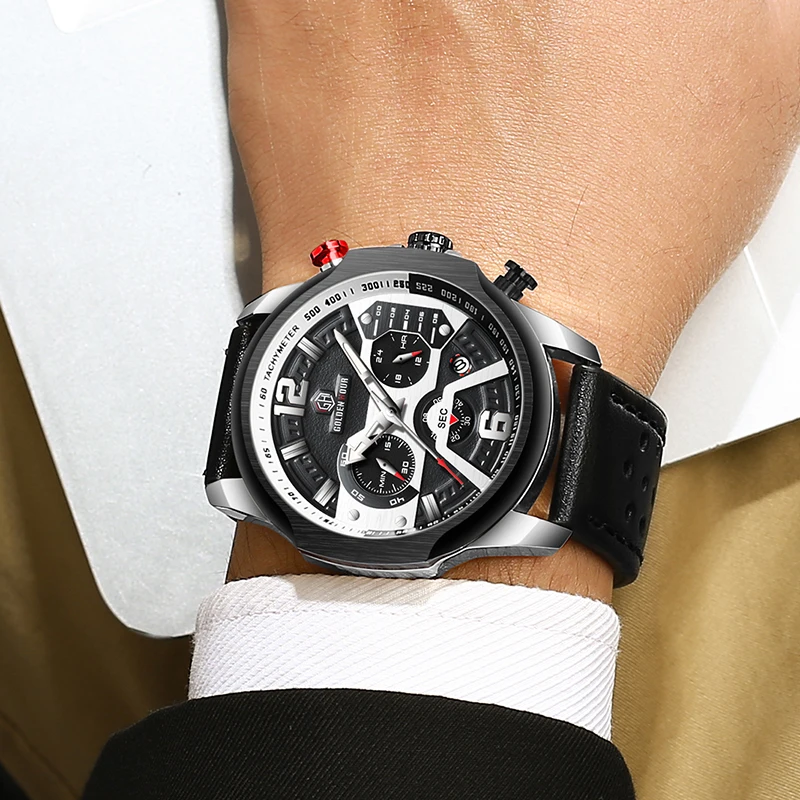 GOLDENHOUR Мужские кварцевые часы с ремешком из натуральной кожи водонепроницаемые