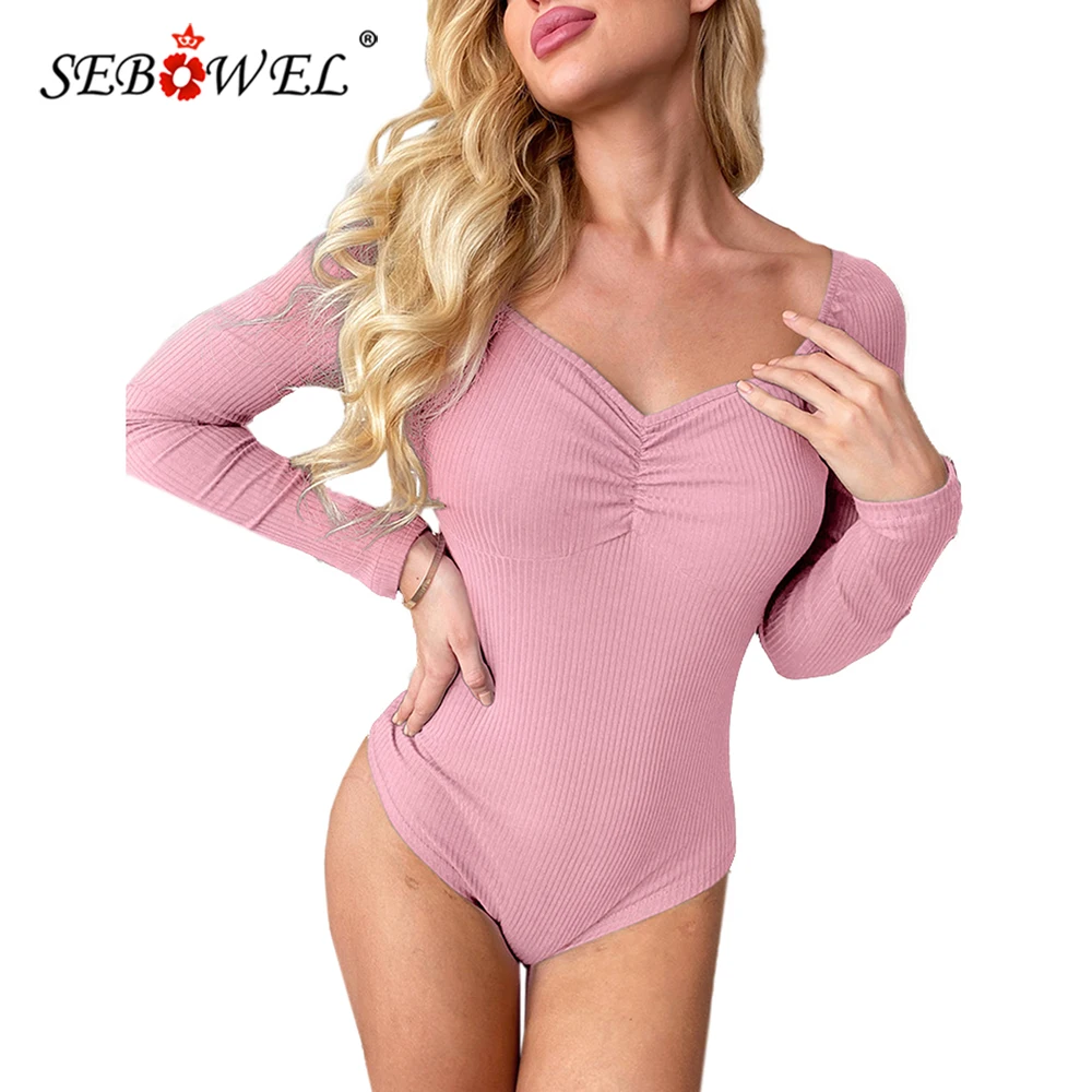 

SEBOWEL с длинным рукавом ящик полосы Комбинезон со складками Женская Осенняя обувь 2021 с v-образным вырезом, сексуальное, Одна деталь Топы Женск...