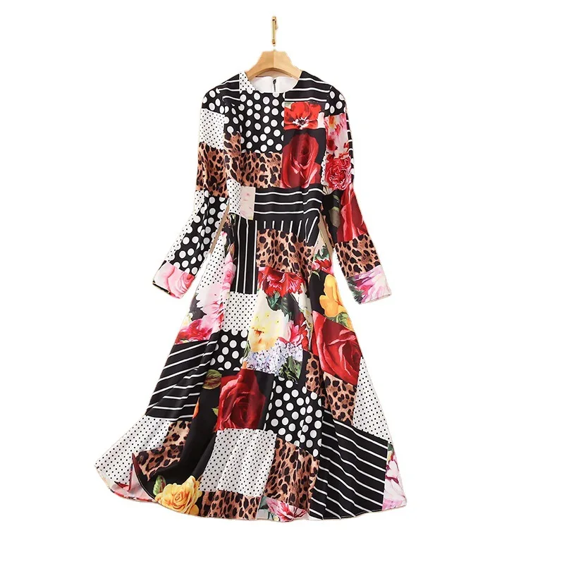 

Women's Elegant Floral Texture Printed round Neck Long Sleeve Waist Trimming Fashion Dress 2021 New Mid-Length Skirt