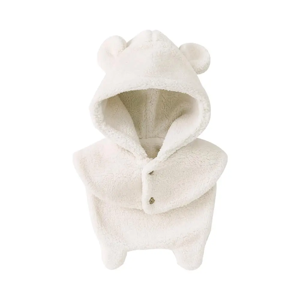 

Pureborn Children Kids Fleece Hooded Hat with Scarf Button Closure Cute Ears Solid Color Thick Winter Earflap Baby Accessories