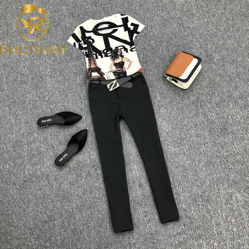 

Summer Women's Clothing Letter Printted Short Sleeve Shirt Blouse + Elegant Slim Ankle length Pants Suits 2 piece Set Outfits