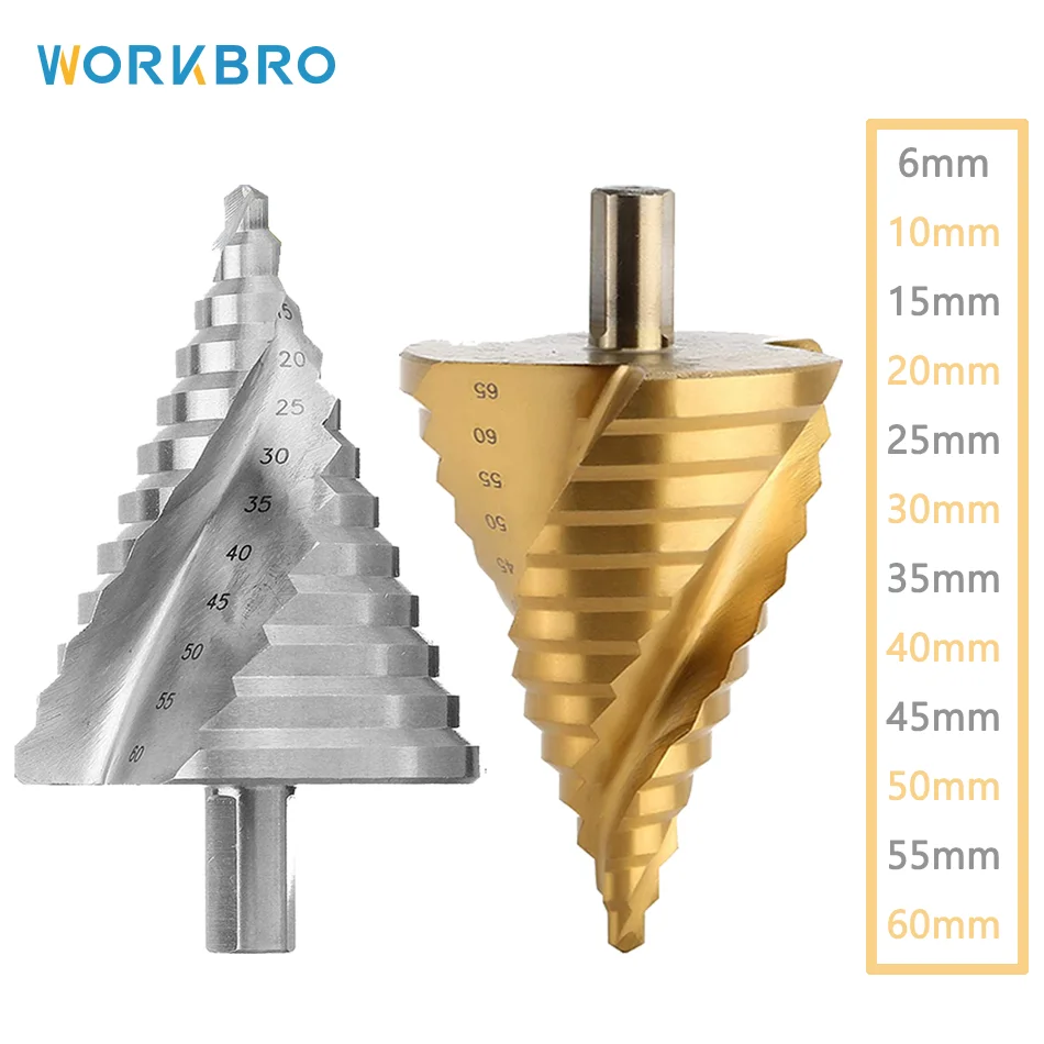 

WORKBRO 6-60mm Large Spiral Groove Step Drill HSS Cone Bit Hole Cutter Stepped Up Unibit 12 Steps for Aluminium Metal Wood PVC