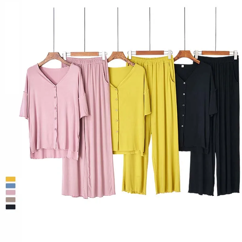

Spring Summer Pajamas Ladies Cotton Short-Sleeved Trousers Casual Breathable Modal Homewear Women European American Style Pijama
