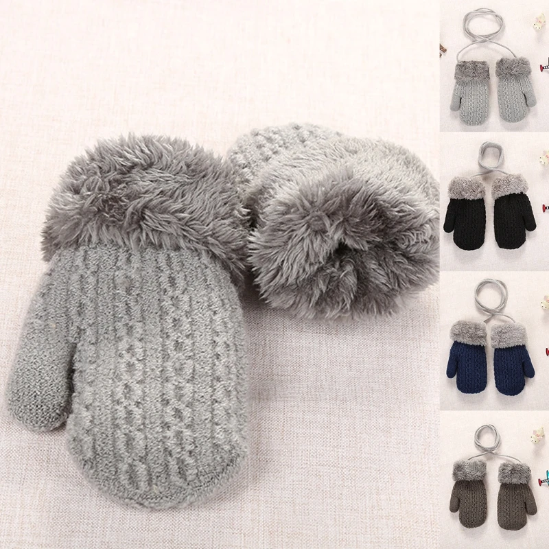 

Children Kids Winter Double Layer Knitted Gloves Solid Color Thickened Plush Lined Woolen Full Finger Mittens With String