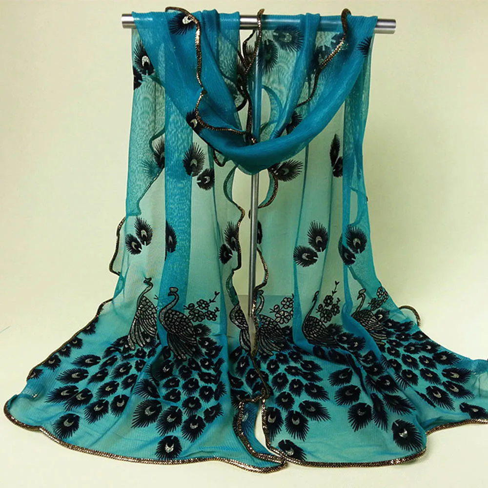 

Female scarf Fashion Women Peacock Flower Embroidered Lace Scarf Long Soft Wrap Shawl New Spring Elegant Scarves