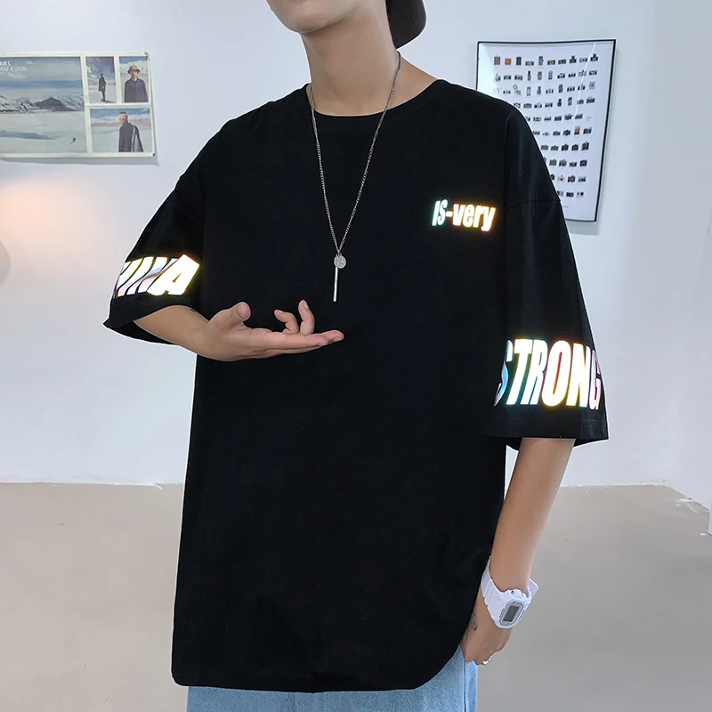 Мужские Светоотражающие футболки летняя хлопковая Футболка с принтом уличная