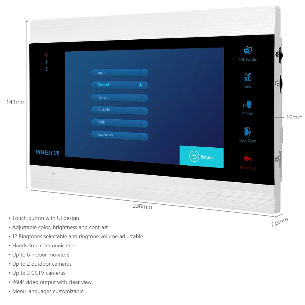 HOMSECUR 7 &quotHands-free видео и аудио домашний Интерком 1.3MP с серебряной камерой для