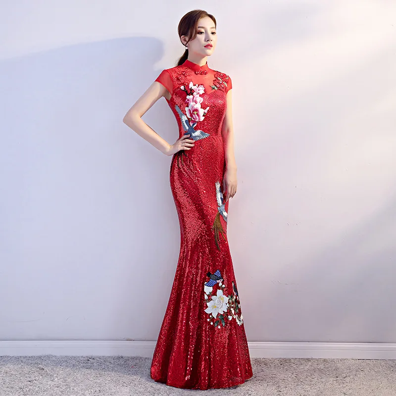 Красное женское вечернее Ципао длиной до щиколотки свадебное платье элегантное