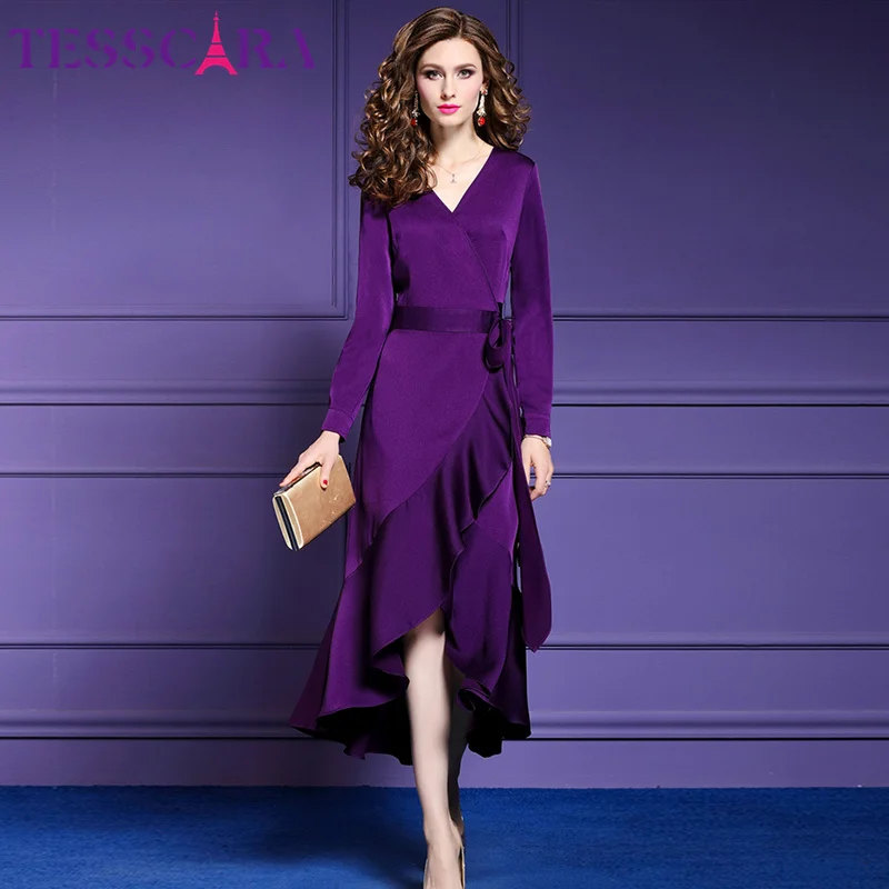 Purple TESSCARA женское осеннее элегантное сатиновое платье Festa женские офисные вечерние платья винтажные с рюшами дизайнерское платье трапециевидного силуэта Femme размера плюс - Цвет: Purple
