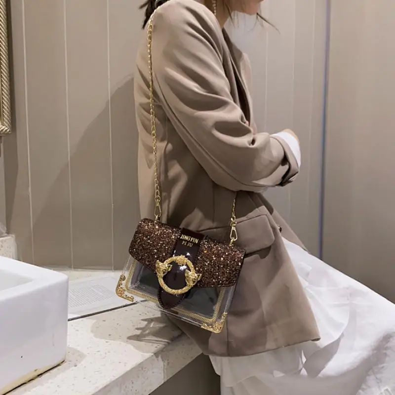 

Sequin Glitter Transparent Flap Leather Crossbody Patchwork Solid Shoulder Bag For Women Designer Cute Day Purse Rectangle Pouch