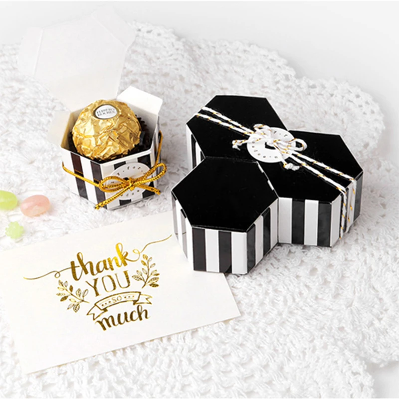 50pcs Valentine's Gift Box Mini Black Round Dot Striped Hexagonal Candy Box Wedding Birthday Decoration Favor Gift Souvenirs