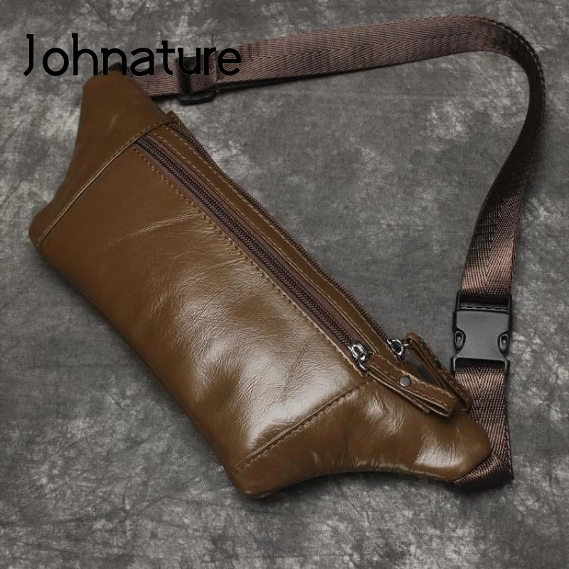 

Johnature 2022 New Waist Packs Simple First Layer Cow Leather Men Bag Retro Mobile Phone Bag Casual Solid Color Shoulder Bags