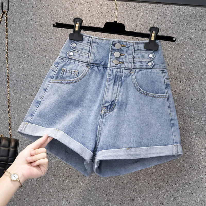 

WLLWLP Korean Fashion Multi-button Jeans Woman Summer Preppy Style Cuffs Detail High Waist Denim Shorts A128