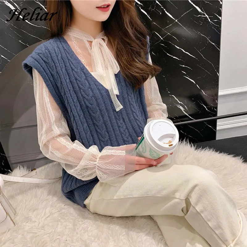 Heliar Fall V-Neck Knitting Tanks Sweater Solid Streetwear For Women 2019 Autumn Sleeveless Pullovers | Женская одежда