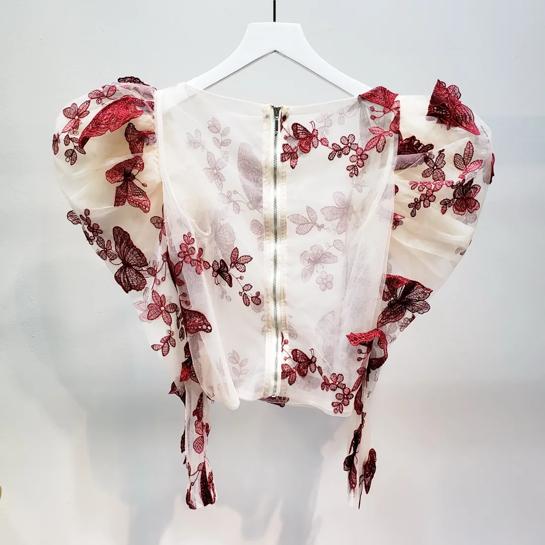L77street Heavy Industry Mesh Butterfly Embroidered English Lantern Sleeve Perspective Slim Long Sleeve Thin Shirt