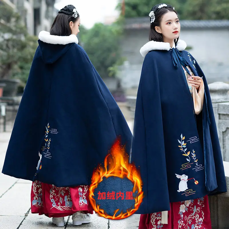 

Ретро Hanfu плюс бархатный толстый теплый плащ с капюшоном древний костюм китайский стиль вышивка цветок пальто женские кейпы красный/черный ...