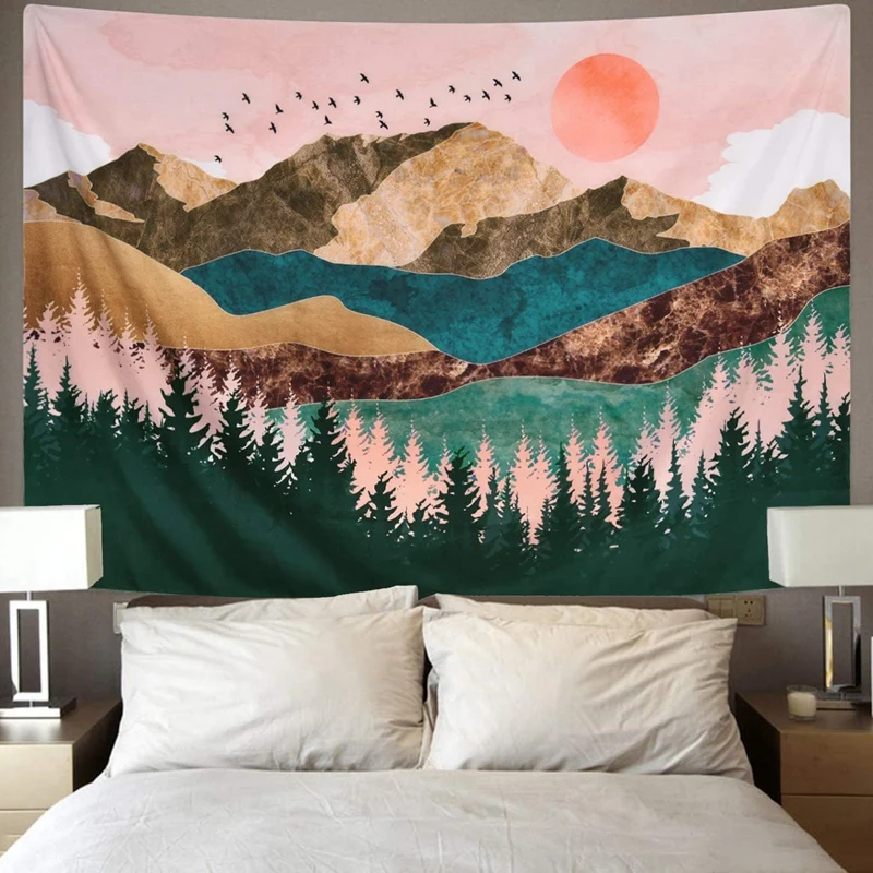 Mountain Tapestry Forest Tree Sunset Nature Landscape Wall Hanging For Room 59.1Inch | Дом и сад