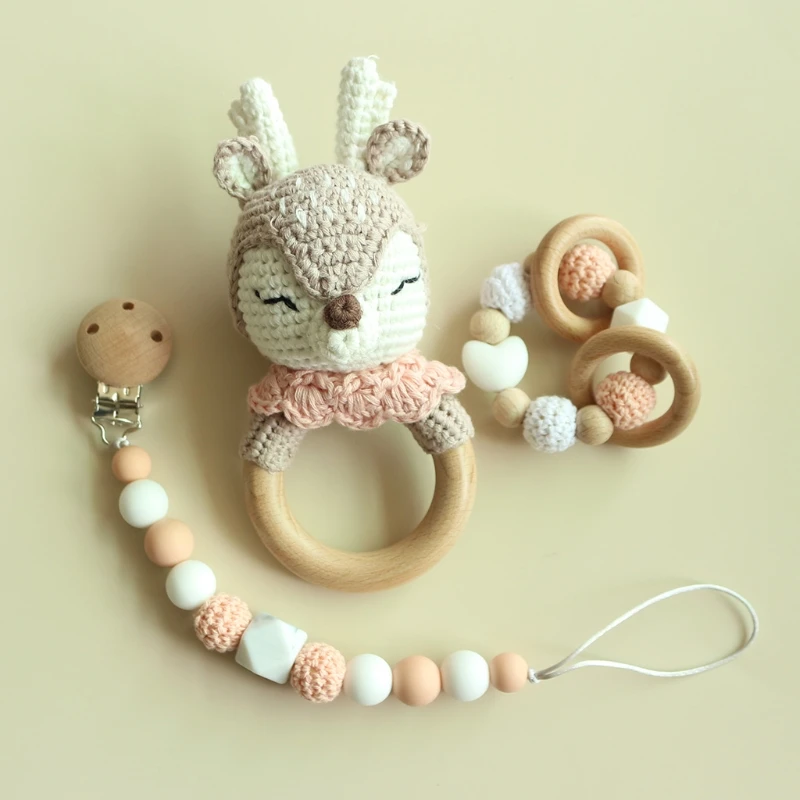 

Baby Pacifier Clips Teething Bracelets Crochet Elk Soother Chain Infants Rattle