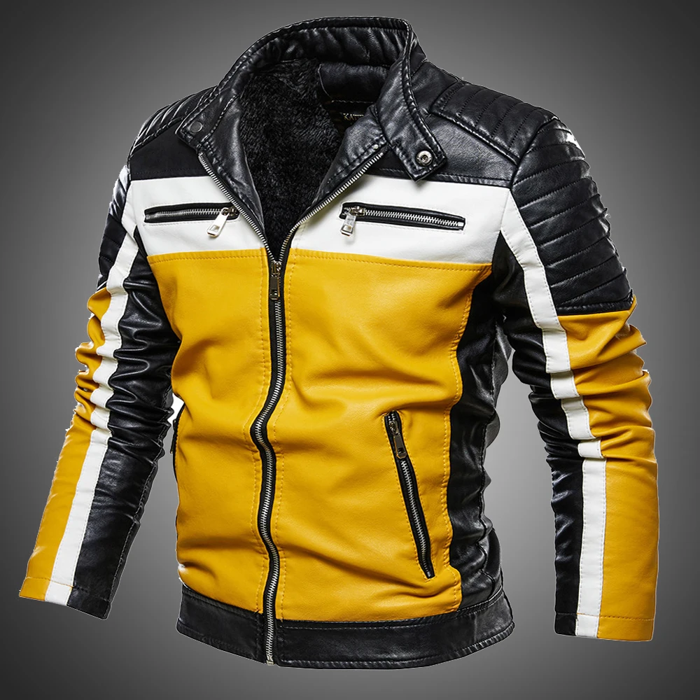 

Men Yellow Leather Jacket Patchwork Biker Jacket Men Casual Zipper Coat Men Motorcycle Jacket Slim Fit Fur Lined Outwear Coat