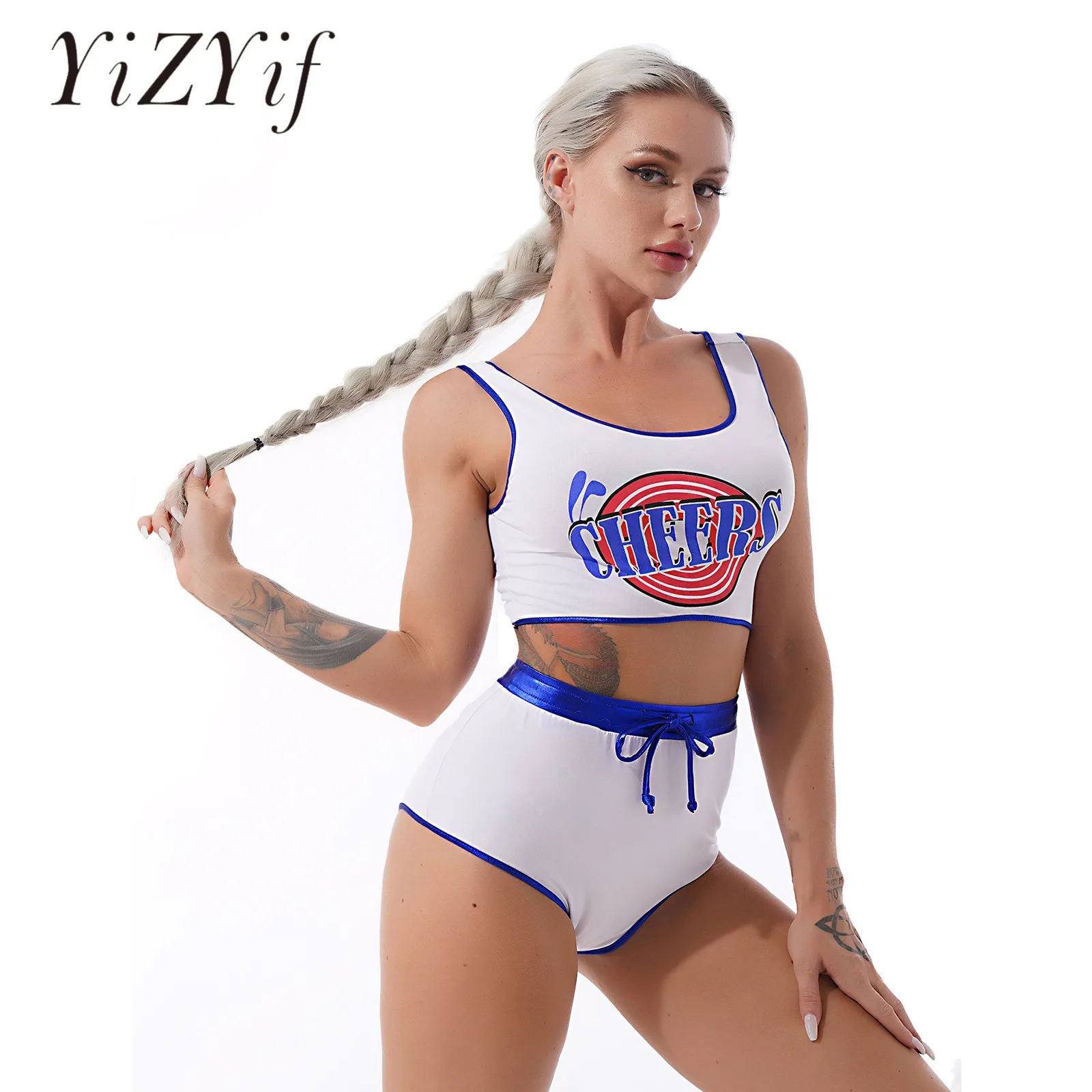 

Womens Lingerie Cheerleader Role Play Uniform Costume Nightwear Letter Print Cropped Tank Top with Drawstring Briefs Hot Pants