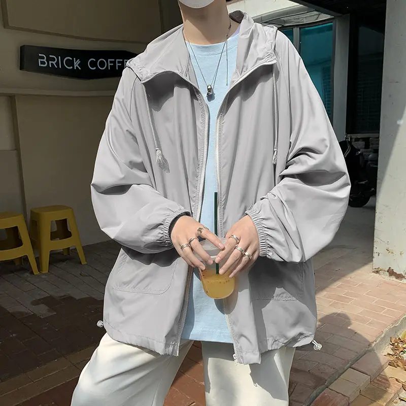 

Summer Thin Track Jacket Men's Fashion Gray White Pocket Casual Jackets Mens Streetwear Loose Hip-hop Bomber Jacket Men M-XL