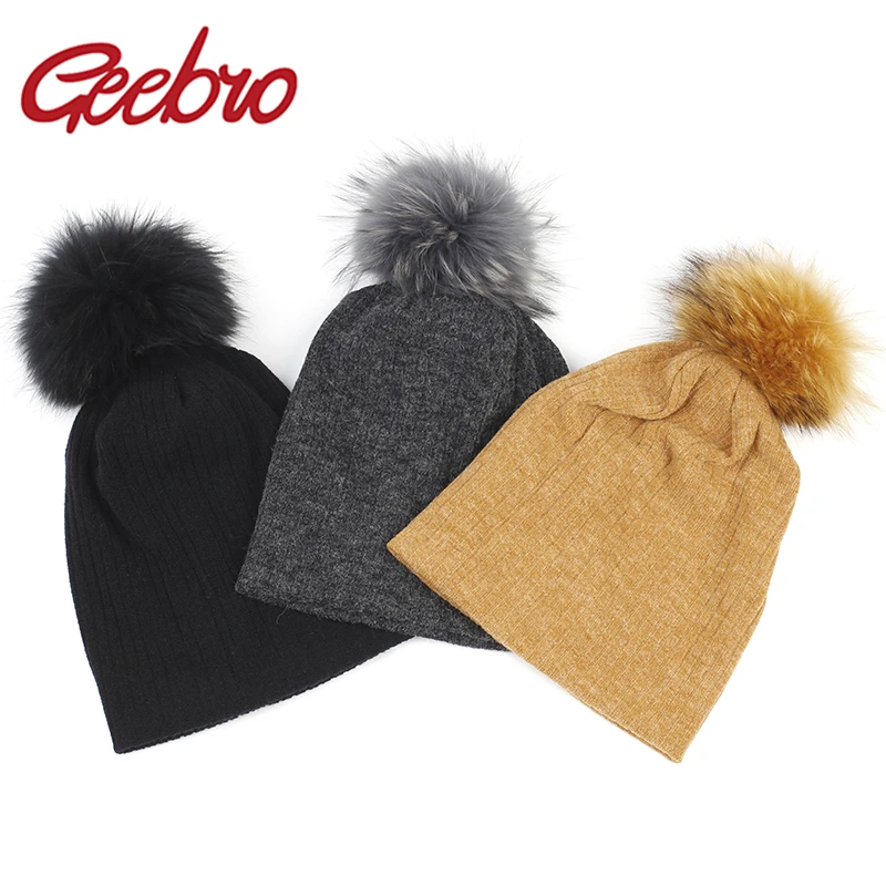

Geebro Women Winter Cotton Ribbed Beanies with 15cm Real Raccoon Fur pompom Autumn Slouchy Ladies Stretch Striped Skullies Hat