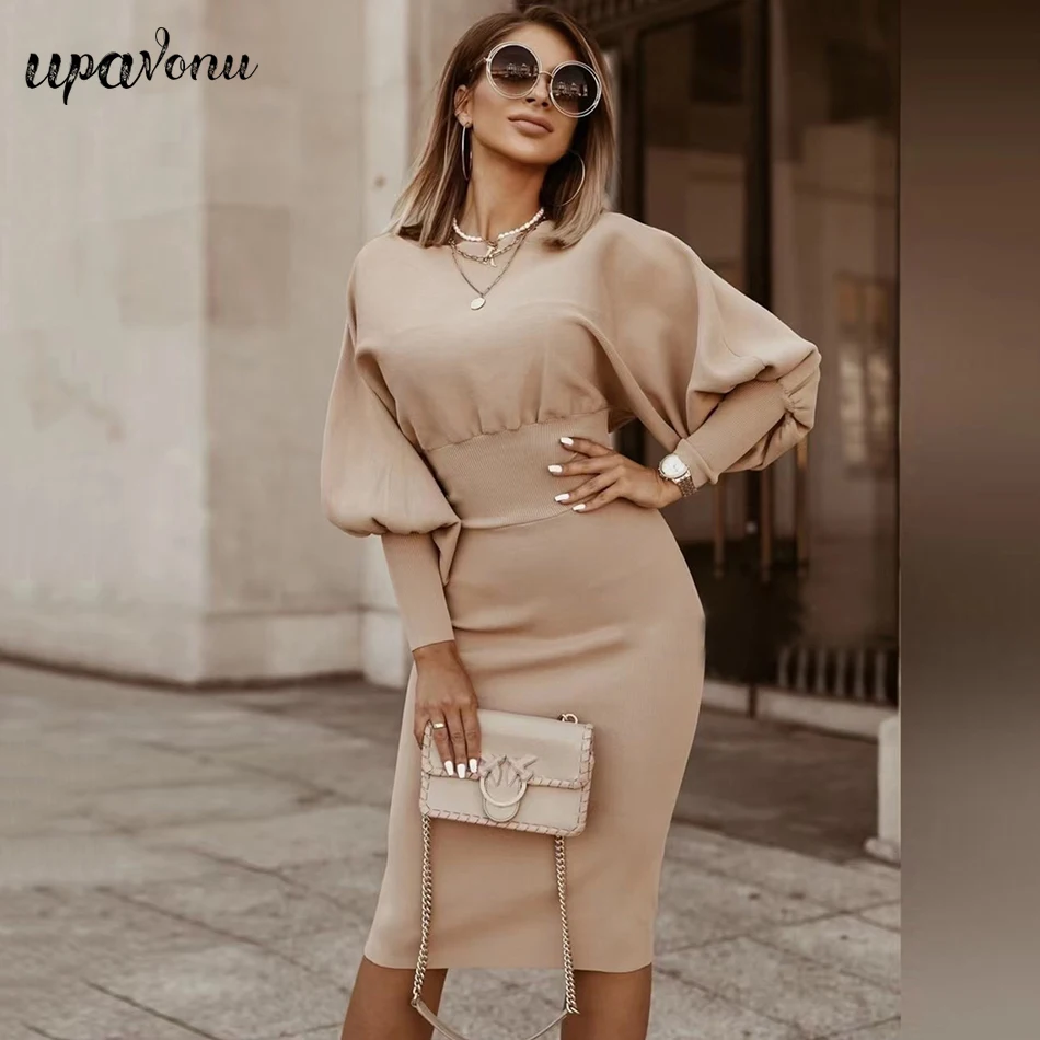 

Free Shipping Elegant Women's Knitted Dress Lantern Sleeve Bodycon Pullover Sweater Dress Fashion Autumn Celebrity Party Vestido