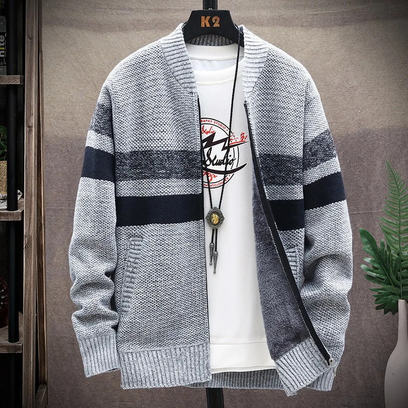 

Spring Autumn Men Sweaters 2021 Striped Cardigan Slim Sweater Men Streetwear Fleece Sweaters Coat Men's Baseball Collar Jackets