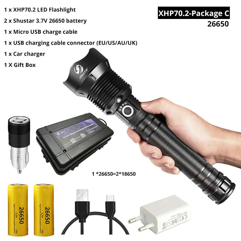 XHP70.2-26650-C Супер яркий Мощный светодиодный фонарь с XHP 70,2, тактический светодиодный фонарь с бусинами, поддержка зума, 3 режима освещения, портативный фонарь - Испускаемый цвет: XHP70.2-26650-C