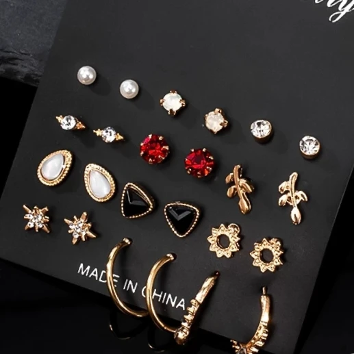 

12 Pairs/Set Women's Earrings Pearl Earrings For Women Bohemian Fashion Jewelry Geometric Crystal Heart Stud Earrings New