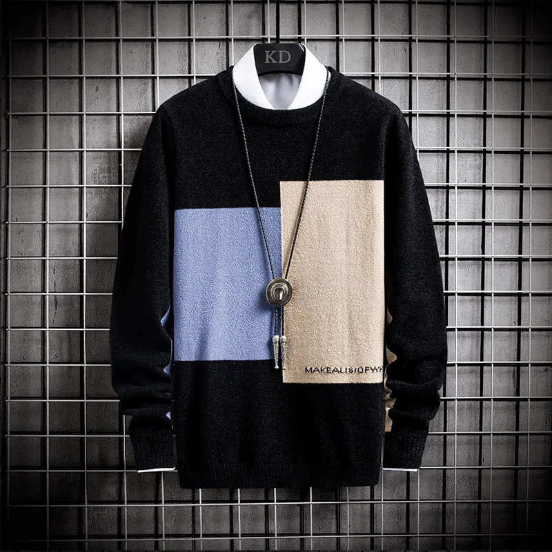

2021 Winter Casual Knitted Sweater Men O-Neck Color Blocking Long Sleeved Warm Slim Fit Sweater Men's Thick Pullover Sweaters