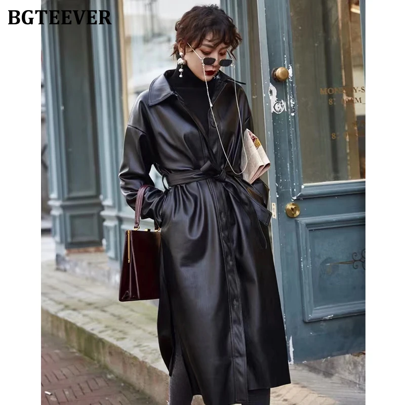 BGTEEVER Высокая уличная Женская куртка из искусственной кожи с отложным воротником