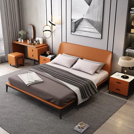 Итальянский минималистский двуспальная кровать Спальня Кожевенная Свадебные