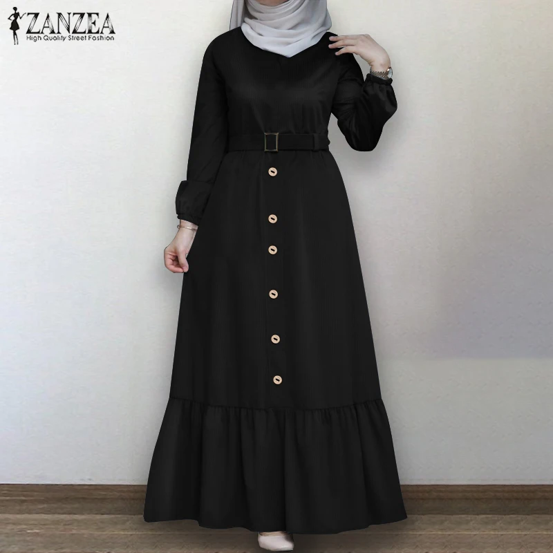 Сарафан ZANZEA женский мусульманский, платье-рубашка с длинным рукавом, макси, на пуговицах, с оборками, осень
