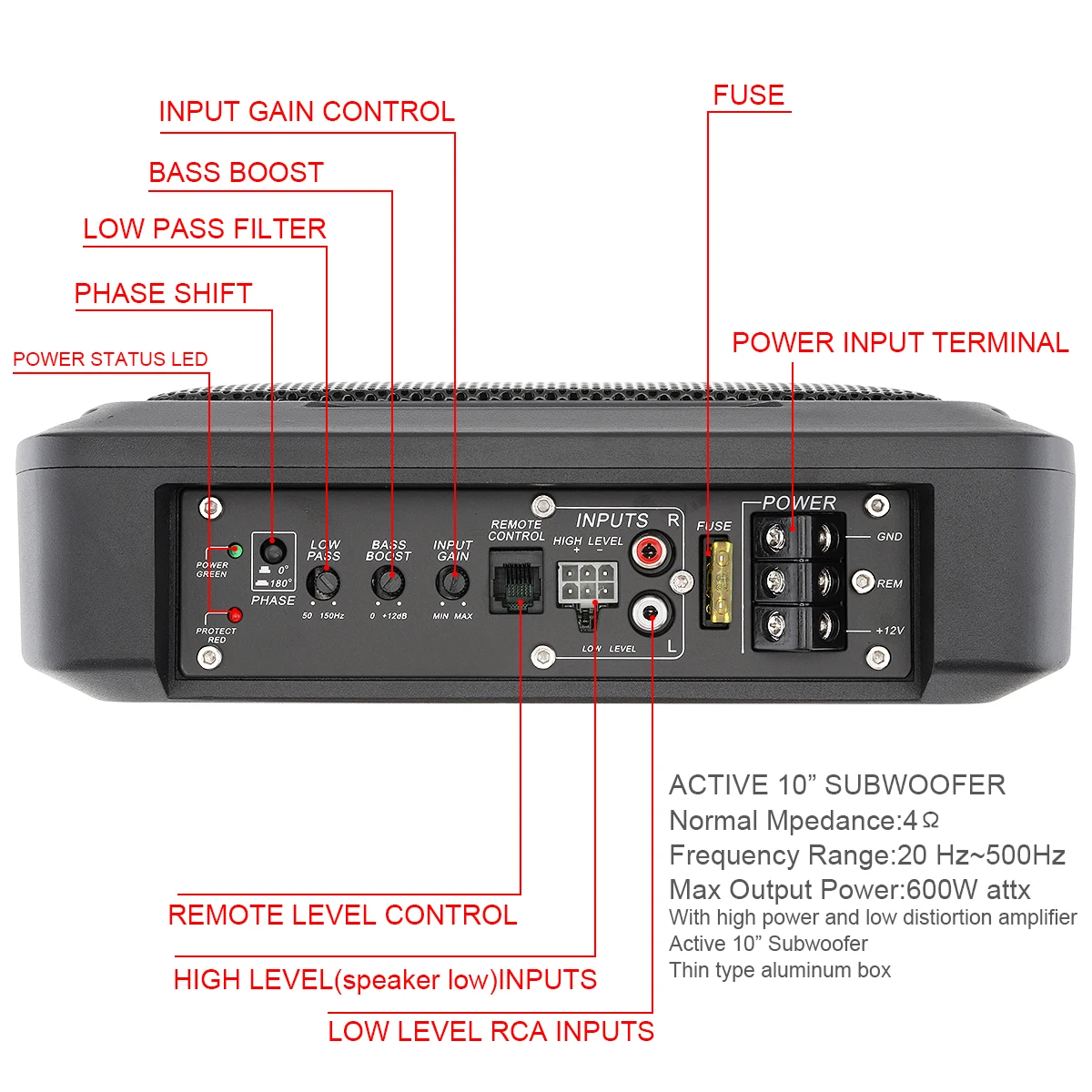 Тонкий автомобильный аудио сабвуфер 10 дюймов 600 Вт активный динамик под сидением